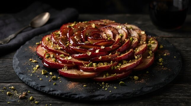 Caramel apple slices arranged as a gothic rose on a dark slate plate with pistachios