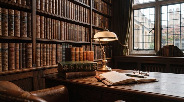 A classic dark academic study featuring floor-to-ceiling wooden bookshelves, a brass bankers lamp, leather armchair, and an open book resting on an antique mahogany desk by a window.