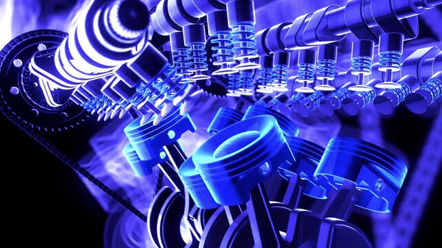 Car start stop button turning yellow with V8 engine animation. Valves, pistons and crankshaft in motion.