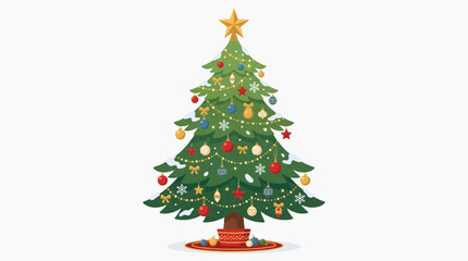 Fototapeta premium Festive Christmas Tree Decorated with Ornaments Lights and Star in white background.