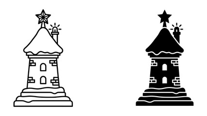 Winter Lighthouse Illustration: A charming lighthouse covered in snow, topped with a star and sparkling lights, stands as a beacon of winter wonder in two distinct styles. © sifu
