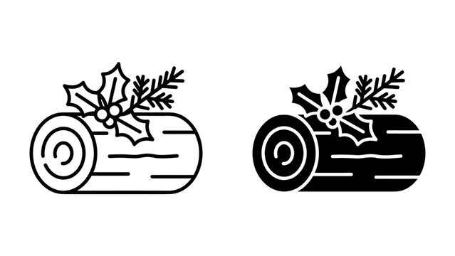 Yule Log Icon: A minimalist icon representing a Yule log, adorned with festive holly and pine sprigs, presented in both outline and solid black fill.