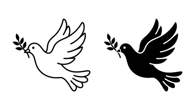 Peace Dove Icons: Two stylized doves, one white and one black, fly with olive branches in their beaks, symbolizing peace and harmony across cultures.