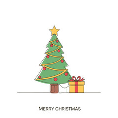 Fototapeta premium A single line drawing of a decorated evergreen tree with a gift box