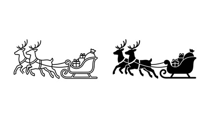 Santa's Sleigh Illustration: A festive illustration of Santa Claus's sleigh, pulled by reindeer and laden with gifts, depicted in both outline and silhouette styles for versatile holiday design. © nila