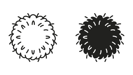 Fluffy Orb Icons: Two stylized representations of a fluffy, circular object, one in outline and one in solid black, symbolizing softness and texture. © muntahna