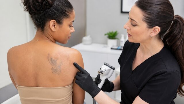 Clinician performing laser tattoo removal on a woman's upper back in a clean clinical setting