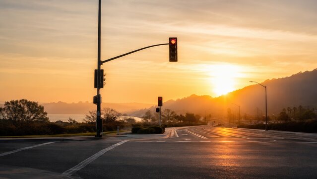 Sunrise-lit empty intersection with red traffic light, wet asphalt reflecting golden hour sun and distant hills
