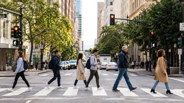 Pedestrians crossing a downtown urban crosswalk on a city street with traffic lights, cars, trees and tall buildings