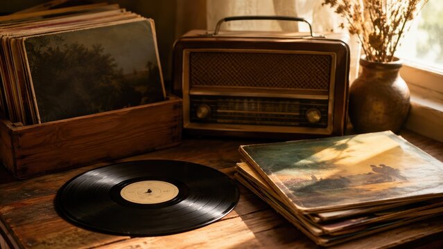 Sunlit rustic scene with vinyl records, stacked album covers and a vintage radio on a wooden table