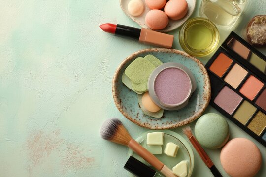 Overhead view of makeup beauty set containing eyeshadow palettes lipstick and various brushes with cosmetics eyeshadow lipstick aesthetic products skincare professional colorful collection