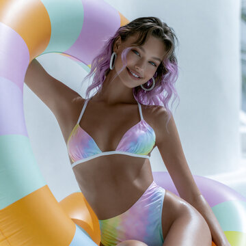 attractive woman enjoying summer vacation, young cheerful female tourist relaxing in bikini with colorful swimring, happy tourist floating with swimring on sunny holiday