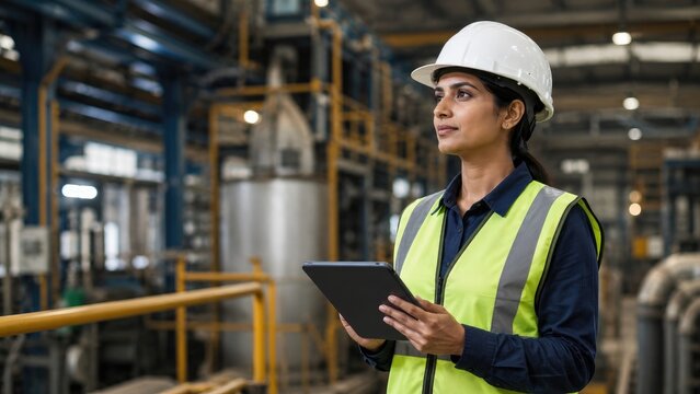 Female engineer in hard hat and hi-vis vest holding a tablet while inspecting equipment inside an industrial factory plant