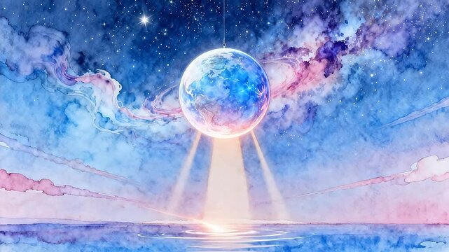 Cosmic sphere with starry sky and light beams