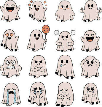 Cute Ghost Mascot Character Emotion Set Halloween Sticker Collection. Cute ghost mascot character collection with various funny emotions and facial expressions. Adorable Halloween cartoon ghost sticke