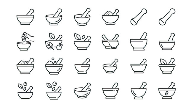 Collection of mortar and pestle line art icons for scientific and culinary use
