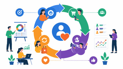 Fototapeta premium Customer journey mapping and marketing strategy visualization with people icons and business growth cycle diagram
