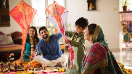 Obraz premium A joyful South Asian family celebrating with colorful kites indoors.