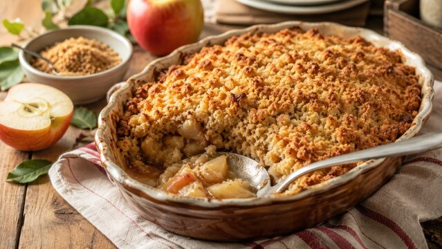 Warm homemade apple crumble with golden oat streusel in a ceramic baking dish, spoon revealing tender cinnamon-spiced apples