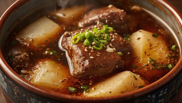 Korean short rib soup with potatoes and radish.