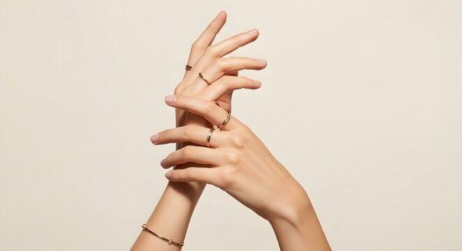 Elegant hands with gold rings and bracelet against a neutral background.