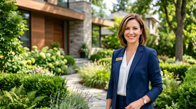 Realtor, Portrait. 40 yrs old female realtor Outdoors, modern neighborhood, lush garden new house