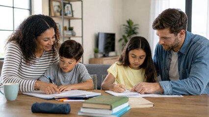 Obraz premium Parents sit with son and daughter at a table helping them with homework in a cozy living room setting