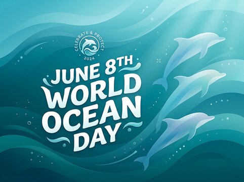 Colorful world ocean day celebration poster with dolphins swimming in underwater waves design template