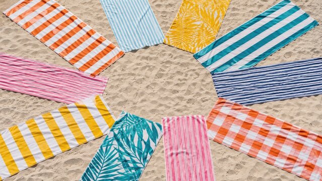 Colorful striped and patterned beach towels arranged in a circular ring on sandy beach, overhead flatlay summer scene