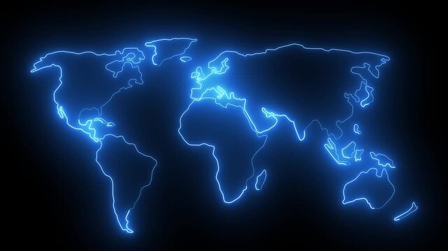 Digital Technology World Map Animation. Glowing Connections in Global World Map Loop with Visual Effects. Dynamic neon world map animation for global business expansion. 4k Neon globe world map.