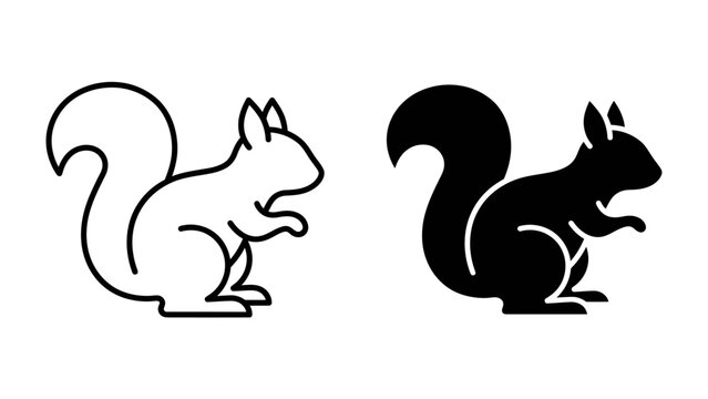 Squirrel Icon Set: A stylized outline and silhouette of a squirrel, showcasing its bushy tail and alert posture, presented as clean, modern graphic elements.