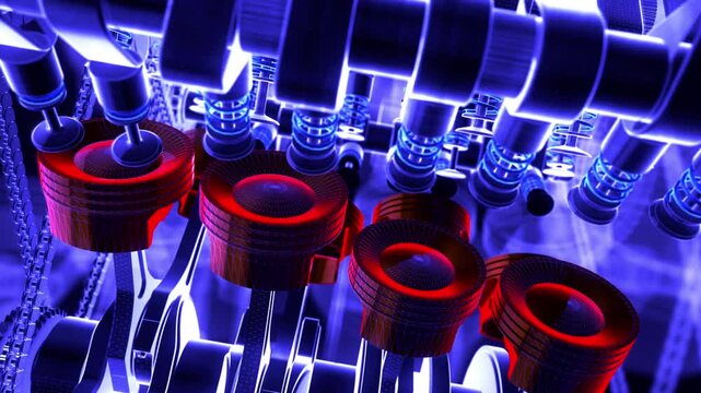 Pushing car engine start button followed by V8 piston animation. Valves, pistons and crankshaft in motion.