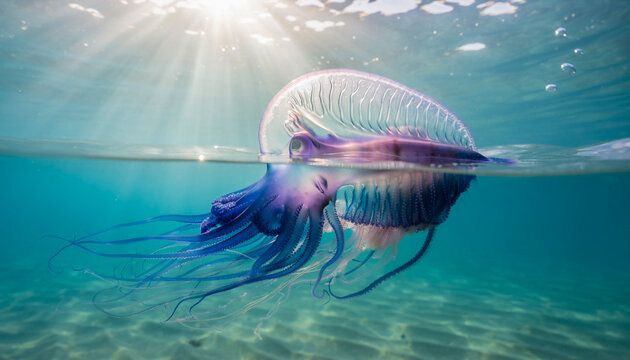 Medusa transl&uacute;cida flotando bajo la superficie del oc&eacute;ano azul, iluminada por sutiles rayos de sol que se filtran en el agua limpia.