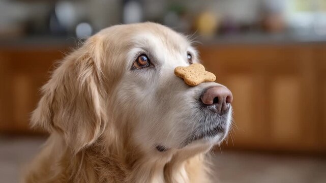 Patient golden retriever balances treat on nose before eating