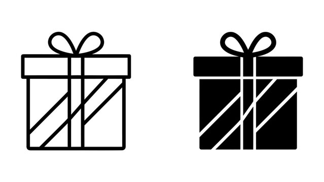 Gift Box Icons: A set of two simple gift box icons, one outlined and the other solid black, both featuring a ribbon and bow, perfect for celebratory or surprise-themed designs.