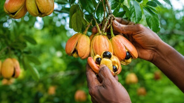 Close-up of ripe ackee fruit pods with glossy black seeds being harvested from a tree