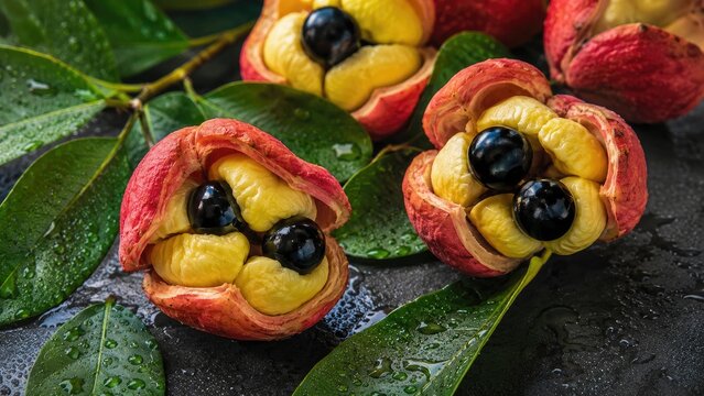 Ripe ackee fruit opened to reveal yellow arils and glossy black seeds resting on wet green leaves
