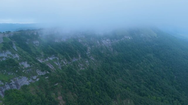 Aerial drone view of the area around Castro Grande and the Complacera Tunnel between the Mena Valley and the Losa Valley. Las Merindades region, Burgos, Castile and Le&oacute;n, Spain, Europe