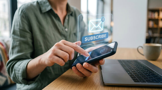 Woman's hands interacting with a smartphone, tapping a virtual subscribe button with an email notification.