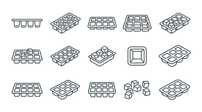 Various ice cube tray designs and frozen cubes collection