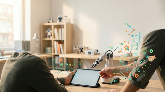 Close up of human hands interacting with a small collaborative robot arm and tablet device, colorful digital graphics representing artificial intelligence and connectivity