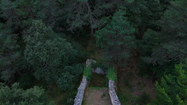 Aerial drone view of the Perex wolf trap in the Losa Valley. Las Merindades region, Burgos, Castile and Le&oacute;n, Spain, Europe