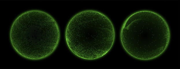 Obraz premium Abstract 3D dotted spheres with glowing particles. Cyberpunk digital data globes, futuristic dot mesh, virtual network visualization. Vector set