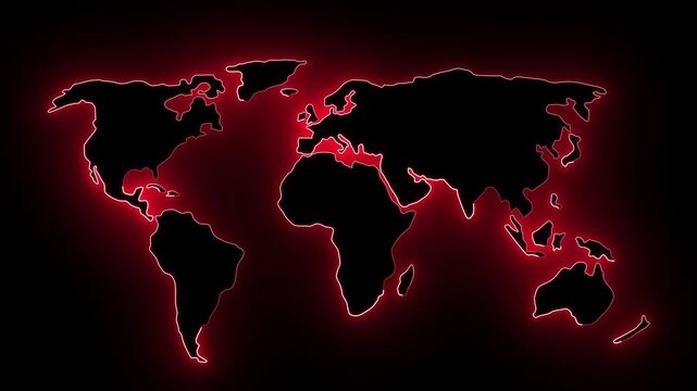 Red neon world map on black background global. Red neon world map for international data, Digital red neon world map animation for earth. 4k video