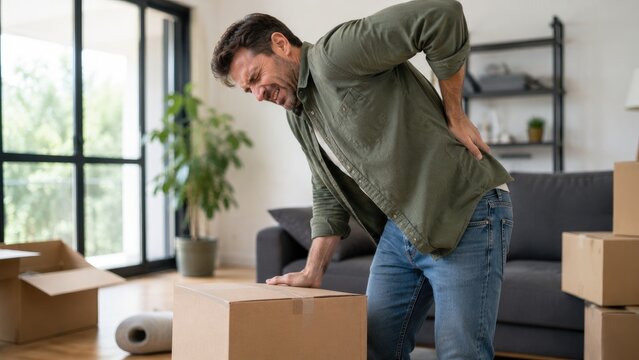 Man in a living room clutching his lower back in pain while lifting a cardboard moving box during a home move
