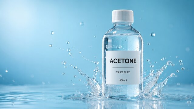 Clear acetone bottle splashing on a reflective surface against a blue background, labeled 999% pure 500 ml