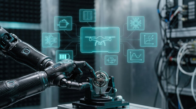 A high-tech bionic robotic arm with carbon fiber plating fine-tuning a metal gyroscope under a complex blue glowing holographic digital interface in a laboratory