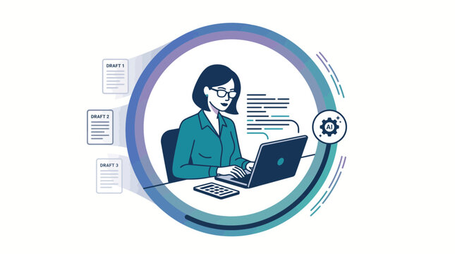 Professional woman working on laptop vector illustration, female copywriter or editor creating content, digital workspace with document drafts