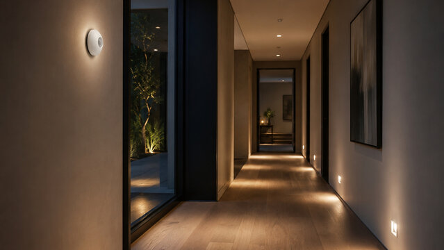 Smart Motion Sensor Lighting In Modern Home Hallway At Night