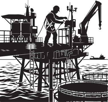 Industrial offshore oil rig worker, drilling platform, silhouette, black and white, vector illustration